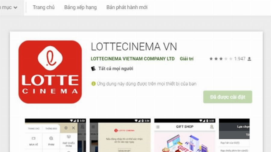 Màn hình ứng dụng Lotte Cinema hiển thị bước chọn ghế ngồi khi đặt vé online