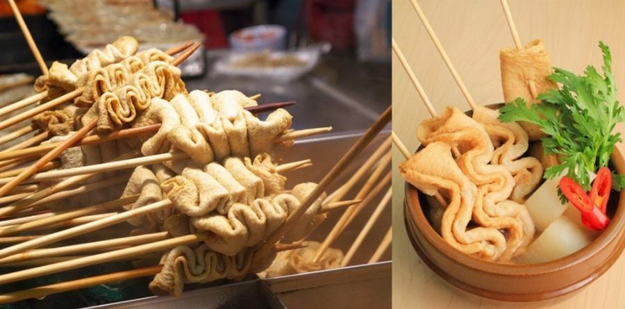 Đĩa đồ ăn kèm tại Spicy Box gồm gà rán giòn rụm và xiên chả cá Hàn Quốc nóng hổi