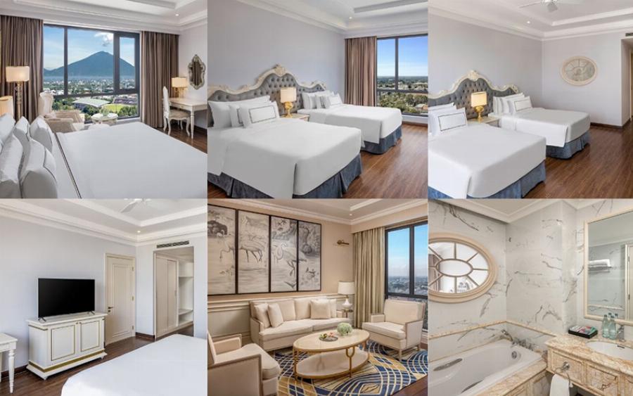 Nội thất một phòng ngủ tiêu chuẩn tại Lavender Hotel Vincom Tây Ninh, gọn gàng, sạch sẽ với giường ngủ, bàn làm việc nhỏ và cửa sổ.