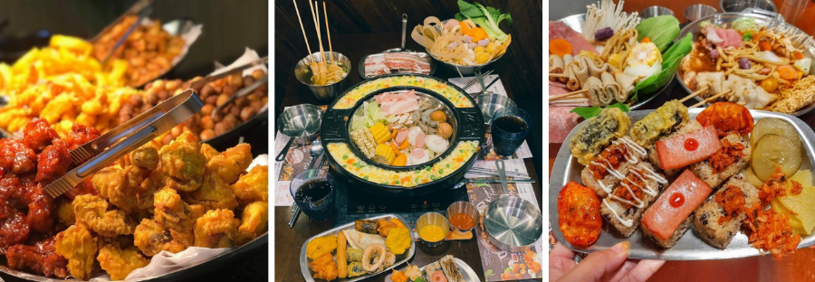 Toàn cảnh quầy line buffet topping tại Spicy Box Vạn Hạnh Mall với các khay đầy ắp thịt, hải sản, viên thả lẩu, rau nấm