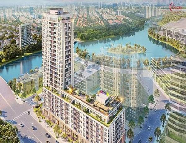 Một quán cà phê có view nhìn ra Hồ Bán Nguyệt tại Oasis Crescent Mall, không gian thoáng đãng